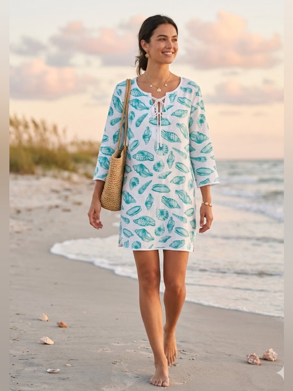 Mud Pie Cotton Seashell Swim Cover Up Size L Coastal Boho Beach Mermaidcore